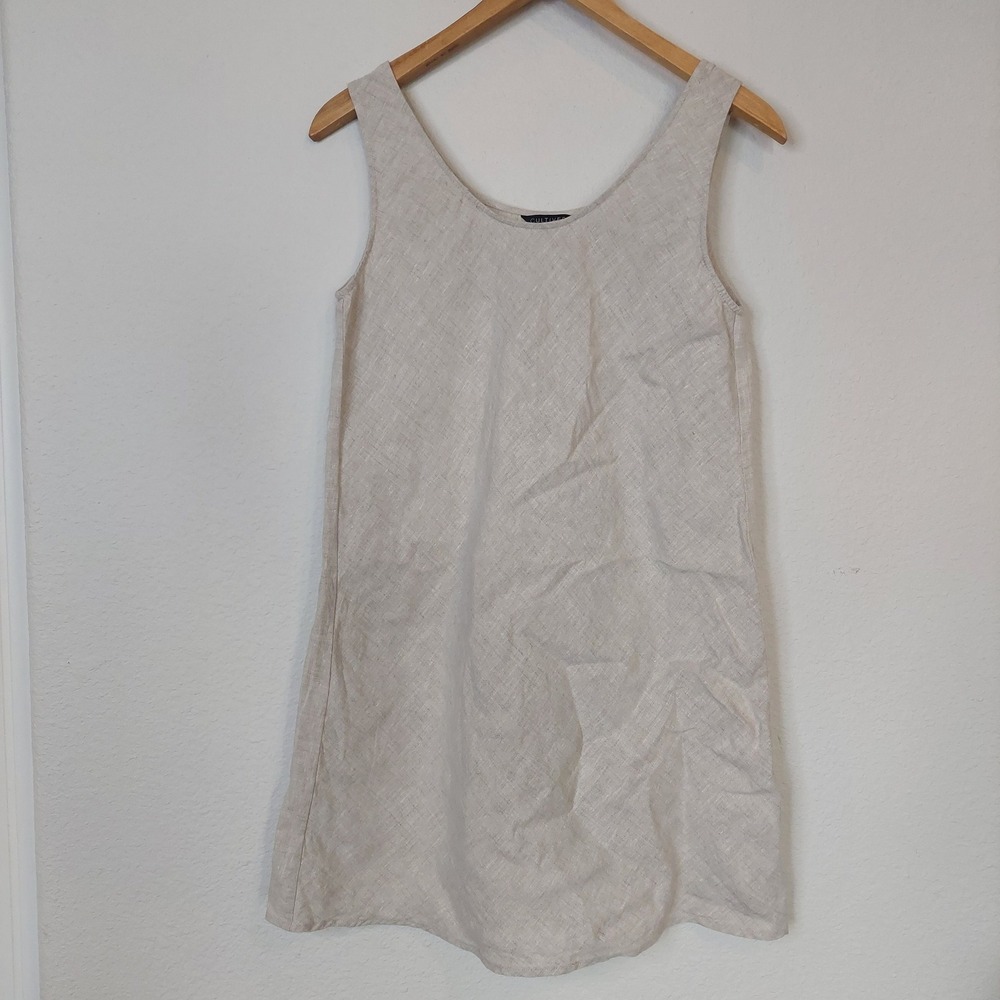 Cultiver 100% Linen Shift Dress Natural Beige Sleeveless Scoop Neck Size S/M